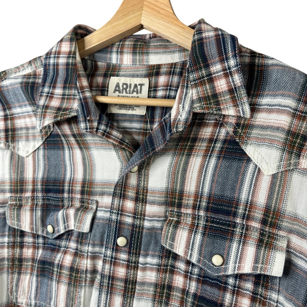 Ariat Retro Fit Mens XL Blue White Plaid Herringbone Western Pearl Snap Shirt